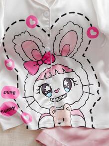 2 Stücke/Set Tweens Mädchen Minimalistisch Cartoon Kaninchen Reißverschluss Vorne Kurzarm Top + Shorts Set, Lässig und bequeme Pyjamas