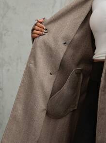 SHEIN EZwear 大码女式纯色插肩袖长袖双排扣秋季羊毛风衣 - 卡其色 - 查看 8