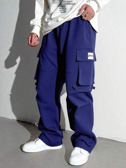 PantsHub Teen Boy 1pc Casual Hip Cool Hip Hop Style Loose Windbreaker Material Large Patched Pockets College Style Wide Leg Pants Homecoming