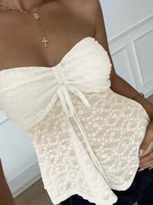 CovetEZ Women Sleeveless Cropped Camisole Top With Textured Fabric & Drawstring Detail - Apricot - View 4