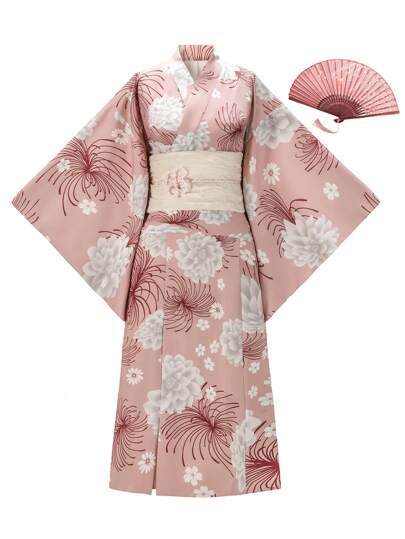 Irokai Elegant Floral Print Bell Sleeve Japanese Style Kimono Bowknot Yukata (Modified Japan Style Kimono Robe), Easy Wearing Women's Traditional Floral Print