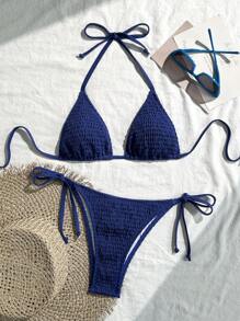 Swim Vcay Women's Summer Beach Solid Color Halter Lace-Up Sexy Bikini Set