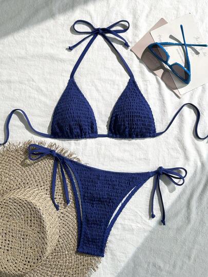 Swim Vcay 女士夏季海滩纯色露背系带性感比基尼套装