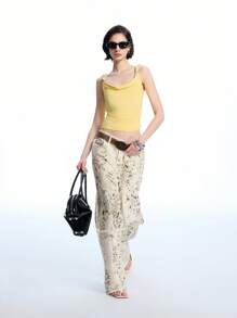 LYSMO 2025 Nuovo arrivo Estate Maglietta donna collo a U slim con design a vita laterale con ruches,decorazione anello metallico posteriore e dettagli twist a blocchi di colore. Perfetto per lo stile Hot Girl, vibrazioni Y2K, pendolarismo quotidiano e moda high-street - Giallo - Visualizzare 8