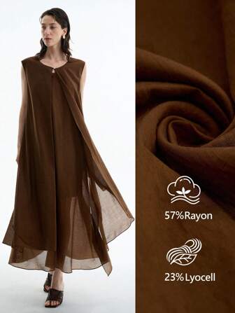 Aalyst Robe d'été élégante et décontractée pour femmes, style français, tissu de haute qualité, col rond, volant à l'ourlet, ceinture à la taille, sans manches, couleur café, robe longue maxi pour le trajet, le bureau, les vacances, le thé de l'après-midi, les festivals de musique, les festivals de bière