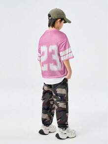 Coolane Camiseta casual de manga corta de cuello redondo con estampado numérico minimalista, unicolor y parches para adolescentes, para primavera/verano
