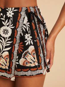 Travachic Women's Black Floral Print Woven Design Straight Leg Boho Style Wrap Shorts, Suitable For Holiday, Afternoon Tea, Wedding Season, Beach Cruise Vacation, City Road Trip Vacation, Boho Vacation, Music Festival, Beachwear, Easter, Beach For Woman, Elegant Shorts, Vacation, Concert, Tropical Vacation, Holiday, Bohemian,For Spring Summer And Autumn