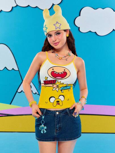Adventure Time X ROMWE Top tipo camiseta ajustada con gráficos de letras y dibujos animados de verano para mujer