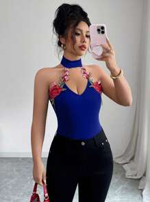 Selianne Áo không tay thêu hoa, kiểu cổ yếm, thanh lịch dành cho nữ, thích hợp cho mùa hè. - Xanh đậm - Xem 1