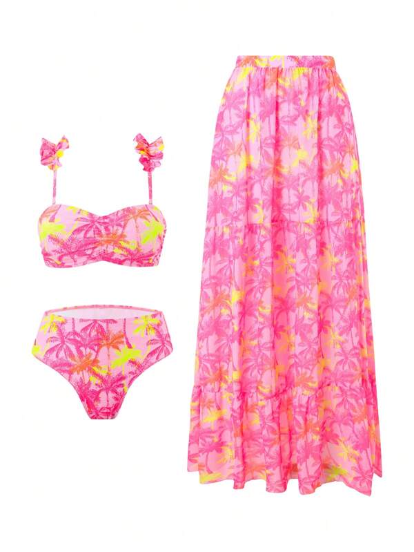 Swim Oasis 3pcs Women's Coconut Palm Random Print Swimsuit Top, Bikini Bottoms + Beach Skirt Suit, Summer Beach Vacation Holiday Bikini Set