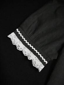 Chiquease Women's Summer Contrast Lace Short Sleeve Single-Breasted Shirt - Black - View 5