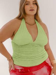 Aralina Áo thun cổ yếm xếp nếp Curve Plus Size Slim Fit hở lưng buộc dây khi đi chơi - Màu xanh Bạc hà - Xem 5