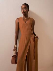 Zivah 20  Summer New Arrivals Music Festival Graduation Style Casual Linen Blend V-Neck Sleeveless Wrap Belt Pocket Wide Leg Jumpsuit - Brown Texture/ V Neck Jumpsuit/ Elegant Jumpsuit/ Brown Jumpsuit - Brown - View 6