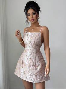 SHEIN Tall 女士高腰无袖连衣裙，3D花卉提花金属面料华丽派对、茶舞会、法式露背镂空公主裙，性感优雅，夏秋季女装返校季