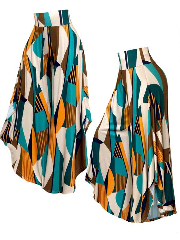 EMERY ROSE Plus Size Color Block Loose Casual Asymmetric Hem Wide Leg Pants, Summer