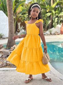 SHEIN 女孩节日荷叶边无袖 A 字形编织纯色连衣裙，带 3D 蝴蝶结，姐妹风格