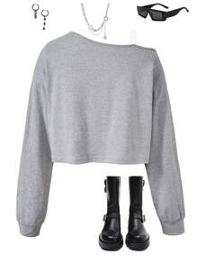 Sparklyn 青少年女孩休闲时尚不对称领口长袖灰色 T 恤