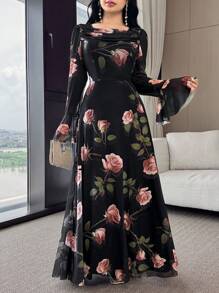 Feyla Women Elegant Full Floral Print Bell Sleeve Dress - Black - View 6