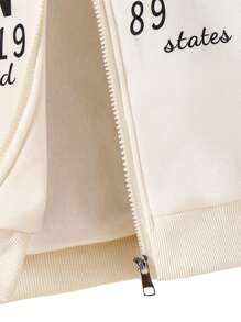 SHEIN Tween Fleece Hoodie Jacket & Tee & Flared Pants 3pcs Set, Location Graphic Print Fall Winter - Apricot - View 4