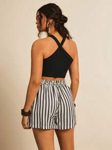 SHEIN VCAY Plus Size Vacation Casual Solid Halter Top And Striped Shorts 2Pcs Set Summer Boho Women's Clothing Brunch Outfits For Women Airport Outfit For Women Beach Vacation Outfits City Break Outfits Holiday Outfits