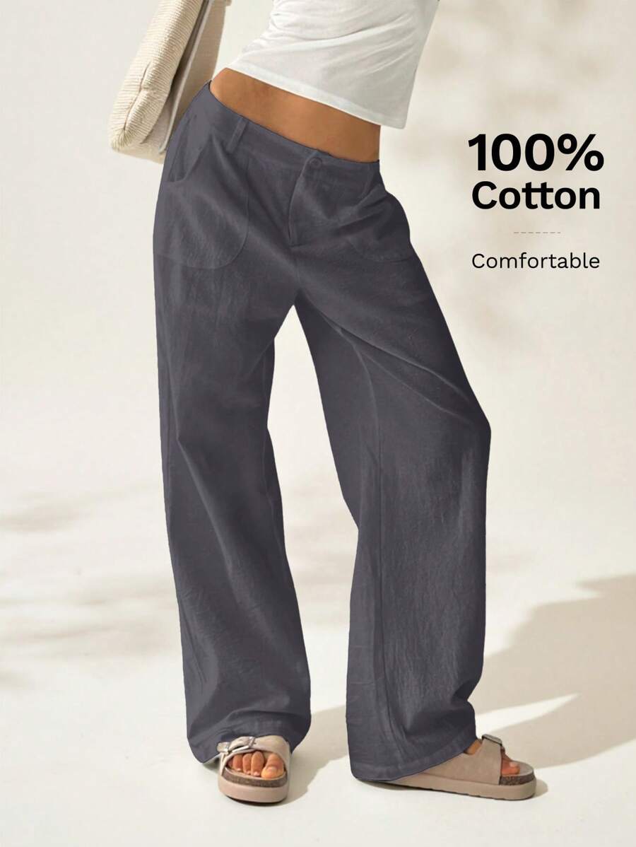 Easelle 女式休闲水洗棉高腰直筒裤，深灰色 - 深灰色 - 查看 1