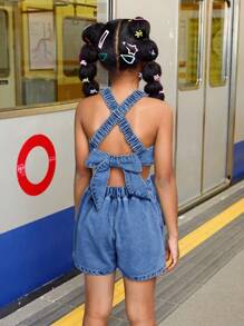 SHEIN Tween Girl Summer Beach Boho Cool & Street-Style Stonewashed Jumpsuit With Cross Back Straps And Open Back, Tween Girl Summer Beach Boho Holiday Clothes Back To School Streetwear Outfits,Girls Concert Rave Casual Outfits - Medium Wash - View 5