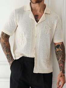 Manfinity Homme Men's European And American Style Fashionable Blogger Design Turn-Down Collar 3D Floral Knitted Cardigan Jacket  Knitted Button Downs For Men - Apricot - View 5