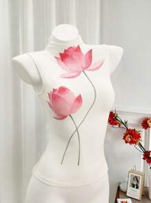 SHEIN LUNE 女式花卉印花立领修身时尚背心 - 白色 - 查看 1