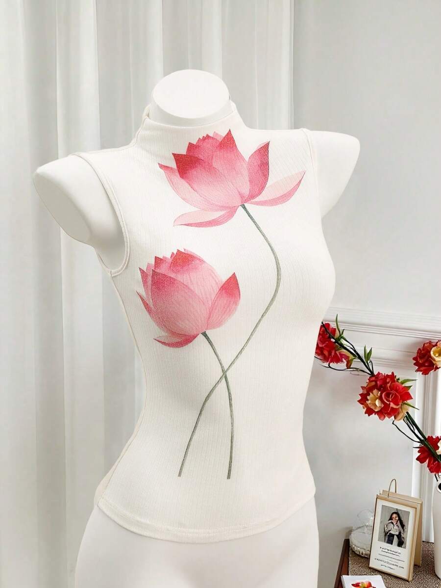 SHEIN LUNE 女式花卉印花立领修身时尚背心 - 白色 - 查看 1