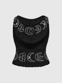 ROMWE Goth Vintage Dunkel Mond & Stern Symbol Graphic Kapuzenoberteil für Große Größen Damen