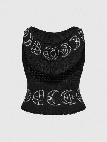 Goth Sudadera con capucha gráfica de tela tejida con símbolo vintage oscuro de luna y estrella para mujeres de talla grande