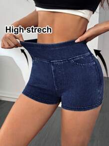 SHEIN PETITE 女士牛仔短裤休闲紧身弹力迷你短裤，蓝色 - 深色水洗藍 - 查看 1