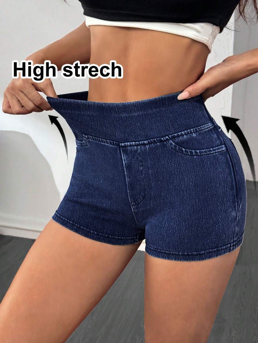 SHEIN PETITE 女士牛仔短裤休闲紧身弹力迷你短裤，蓝色 - 深色水洗藍 - 查看 1