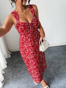 Elenzga Elegante vestito vintage con stampa floreale ditsy, taglie comode, scollo a cuore, vita con fiocco, spacco laterale sexy, disponibile in più colori