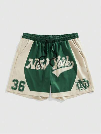 Men's Preppy Street Fitness Letter Print Contrast Color Drawstring Waist Shorts, Summer