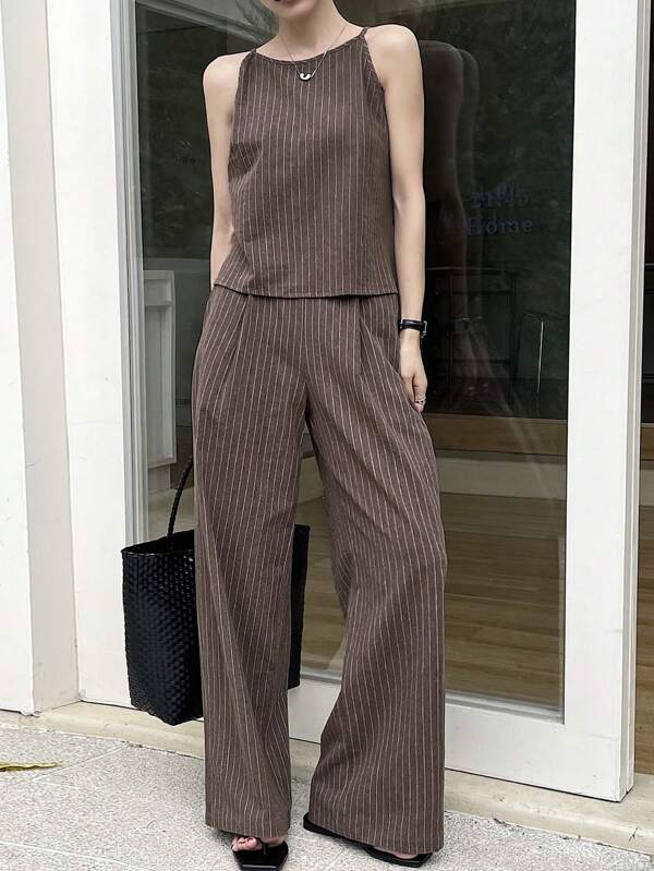 DAZY 2pcs/Set Women's Striped Spaghetti Strap Top And Pants Casual Suit, Summer