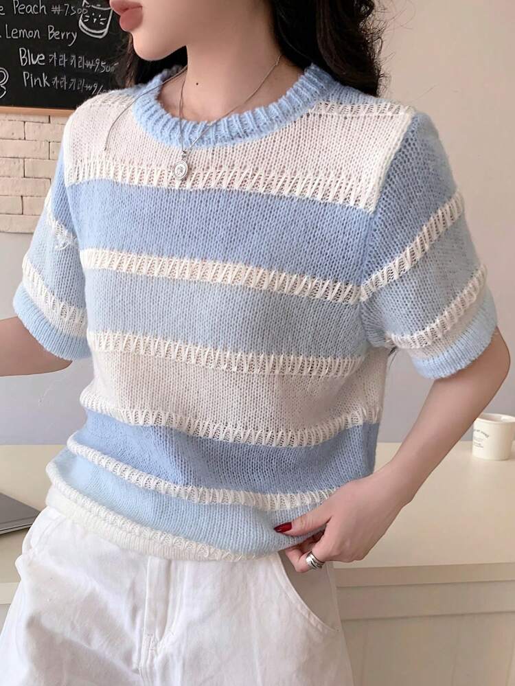 Loose Casual Business Office Wear Striped & Plaid Crochet Round Neck Pullover Knit Sweater Top For Women, Vacation Style
