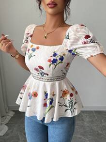 Elenzga Áo cánh nữ cổ vuông tay bồng ngắn in hoa viền bèo nhún, phong cách nghỉ dưỡng - Nhiều màu - Xem 4