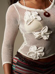 MISSGUIDED 花卉贴花透明针织毛衣春夏轻薄时尚度假针织衫