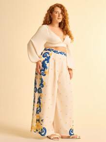 CAJUNI Plus Size Women's Holiday Style Tropical Floral Print Beige Loose Casual Pants For Summer