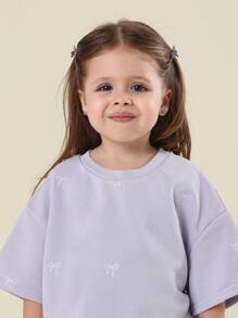 SUMWON Delicate Bow Embroidered Crop T-Shirt Girls Oversized Casual Short Sleeve Summer Spring Weekend Holiday Playtime Tee