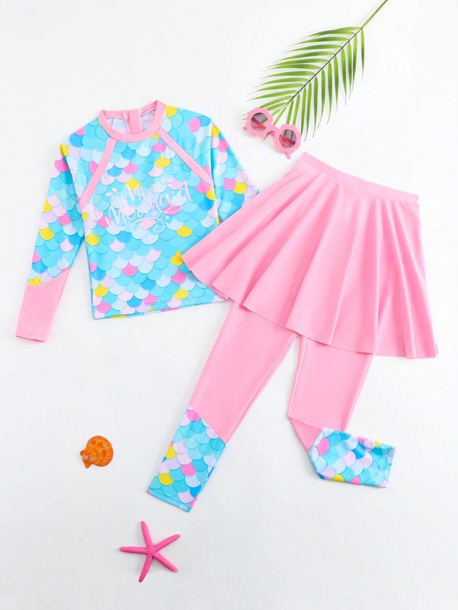女童长袖比基尼美人鱼鳞片印花粉色泳衣 - 彩色 - 查看 1