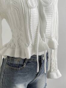 Sweetra 女士甜美纯白色镂空针织波浪前结长袖薄款开衫 - 白色 - 查看 6
