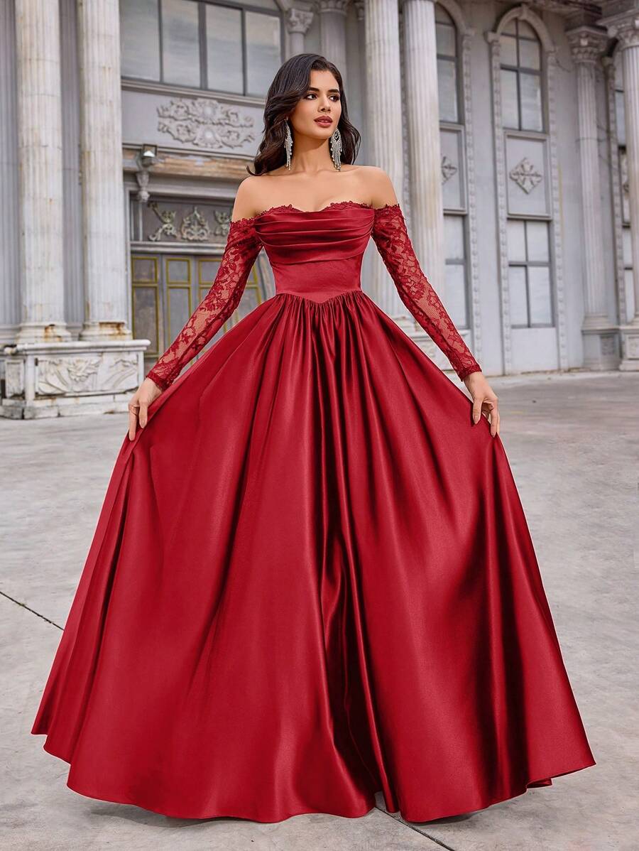 Glamrae Đầm xòe rộng sang trọng, thanh lịch, trễ vai, tay ngắn, chất liệu satin xuyên thấu, phối ren và họa tiết, thích hợp cho đám cưới, tiệc độc thân, kỳ nghỉ, dạ hội, hẹn hò, các dịp trang trọng (phiên bản cao cấp), dành cho Ngày Valentine. - Đỏ - Xem 1