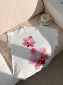 SHEIN EZwear Women's Casual Simple Cropped Short Sleeve Round Neck Loose T-Shirt Graphic Tee - White - View 5