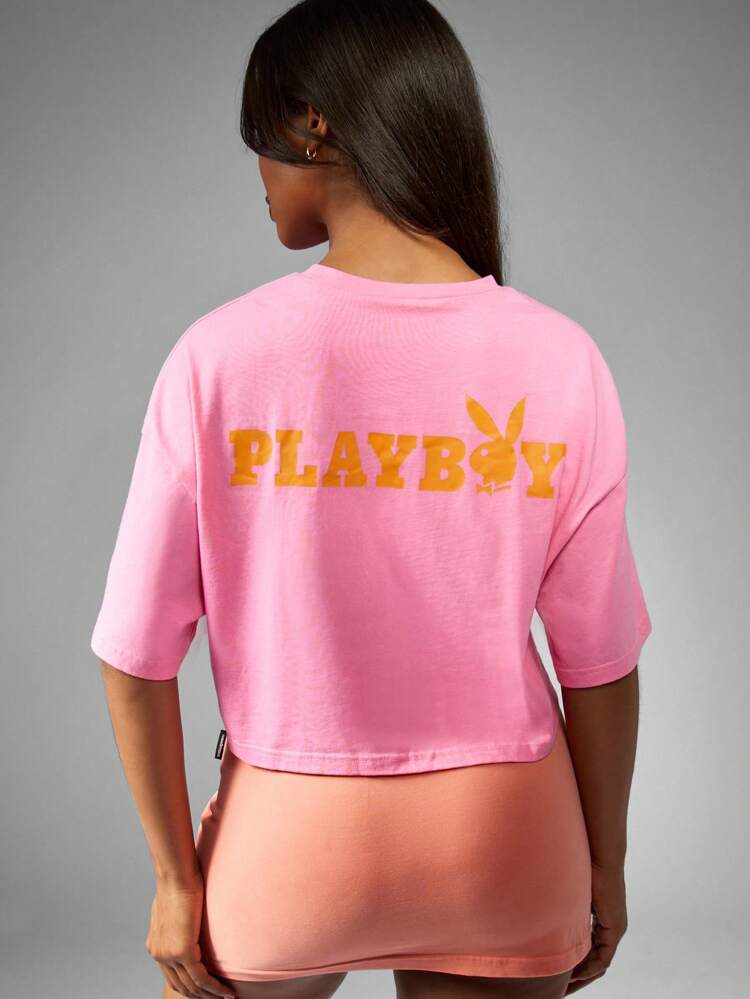 Missguided x Playboy Cropped Lifestyle T-Shirt Classic Oversized Summer Top Relaxed Fit Graphic Logo Short Sleeve Cotton Blend Streetwear Spring Fashion