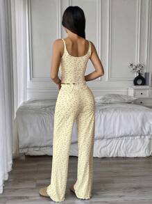 Flirla 2pcs Set: Sleeveless Printed Ribbed Fabric Jumpsuit And Pants For Casual Home Wear