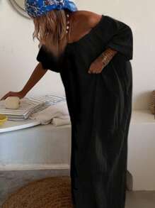 INAWLY Damen Urlaubs Lässig einfarbiges Off-Shoulder langes Kleid