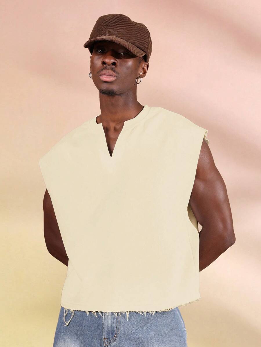 SUMWON Áo ba lỗ không tay cắt cạnh thô thời trang giản dị mùa hè xuân lễ hội áo thun cơ bắp cổ chữ V - Màu be - Xem 1