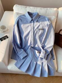 Tween Girl Casual Solid Color Polo Collar Crop Top & Pleated Skirt Co-Ord Set - Blue - View 3
